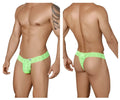Bright neon green lace thong with intricate floral patterns candyMan 99315 peek a boo thongs color green front view