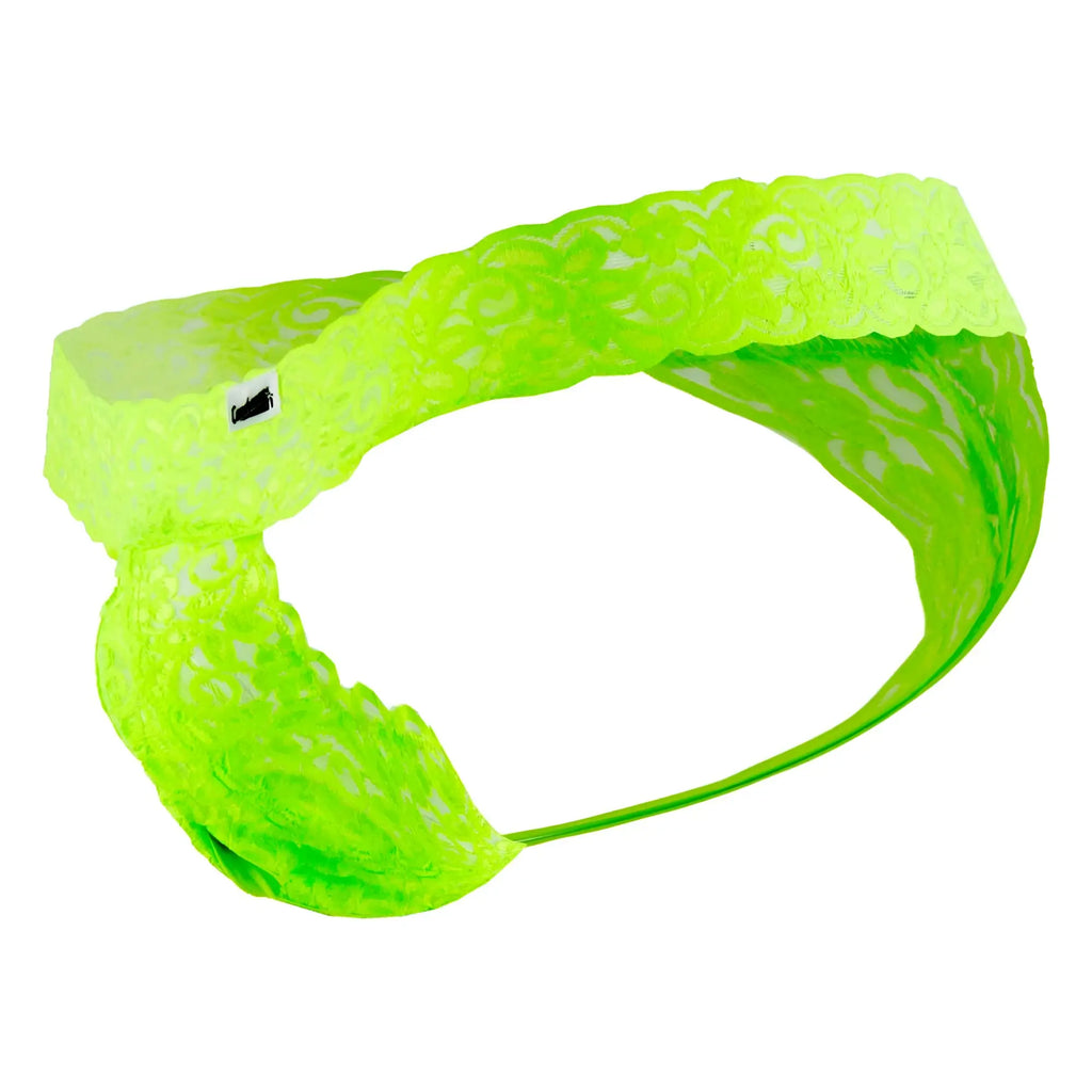CandyMan 99315 peek a boo thongs green featuring a neon green lace headband with intricate floral pattern and soft band