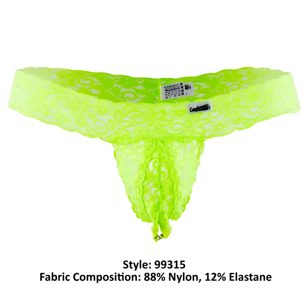 Neon green lace CandyMan 99315 peek a boo thong with intricate swirl patterns and branded waistband tag