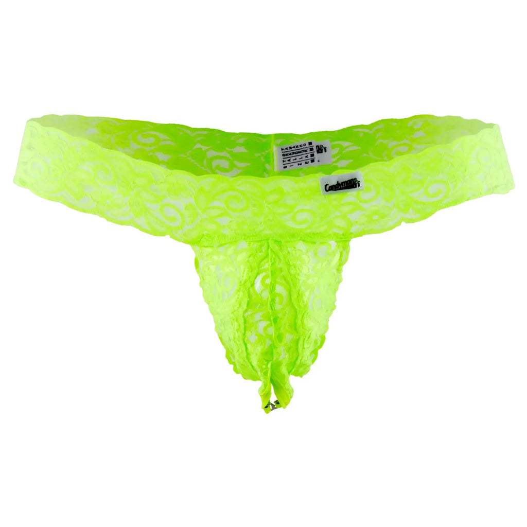 Neon green CandyMan 99315 peek a boo thong with intricate lace swirl patterns and a branded tag visible