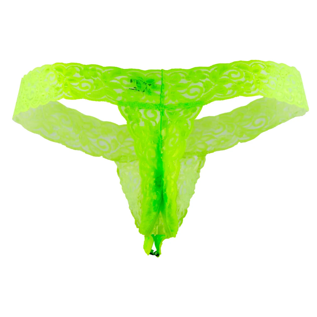 A vibrant neon green lace thong with an intricate swirling pattern from Candyman 99315 Peek a Boo Thongs collection