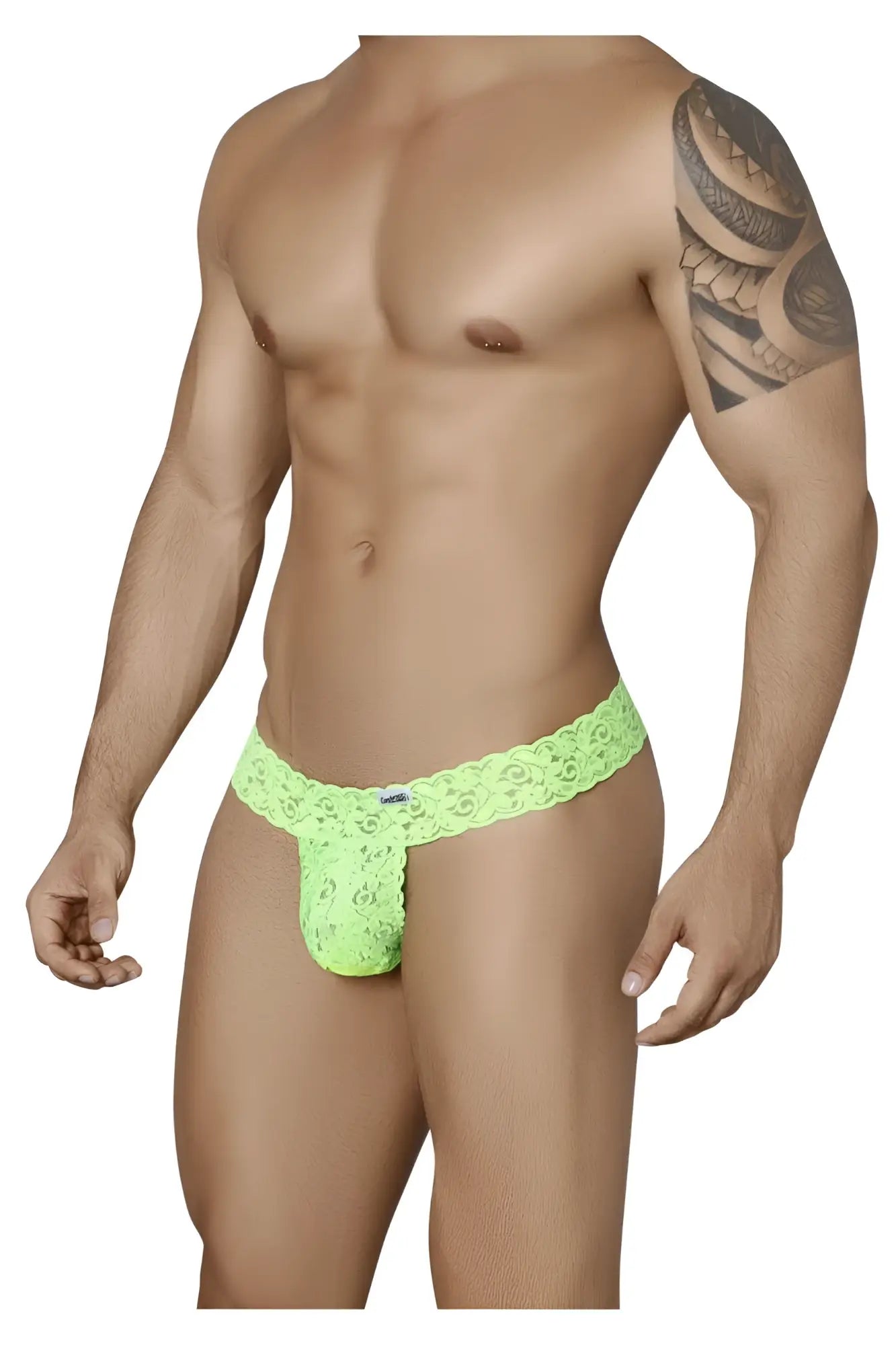 Vibrant neon green lace thong candyMan 99315 peek a boo with intricate floral patterns and a snug form-fitting design