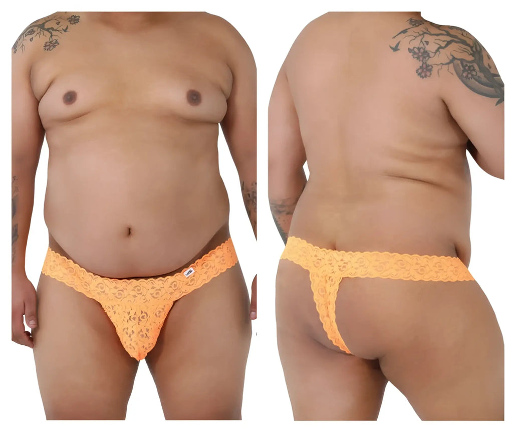 Orange lace thong with intricate floral pattern and small brand tag on waistband from Candyman 99315X collection