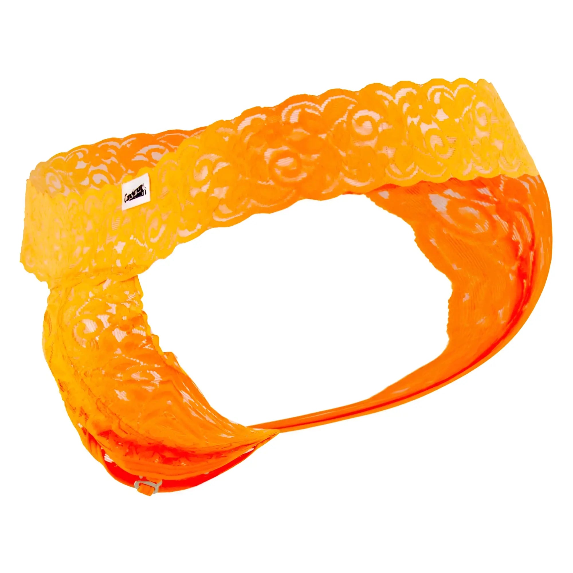 CandyMan 99315X peek a boo lace thong in vibrant hot orange with intricate swirling patterns and a glossy finish