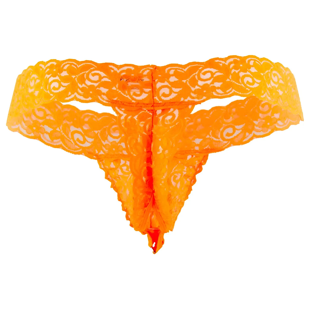 Vibrant orange CandyMan 99315X peek a boo lace thong with intricate swirling patterns and sheer delicate fabric