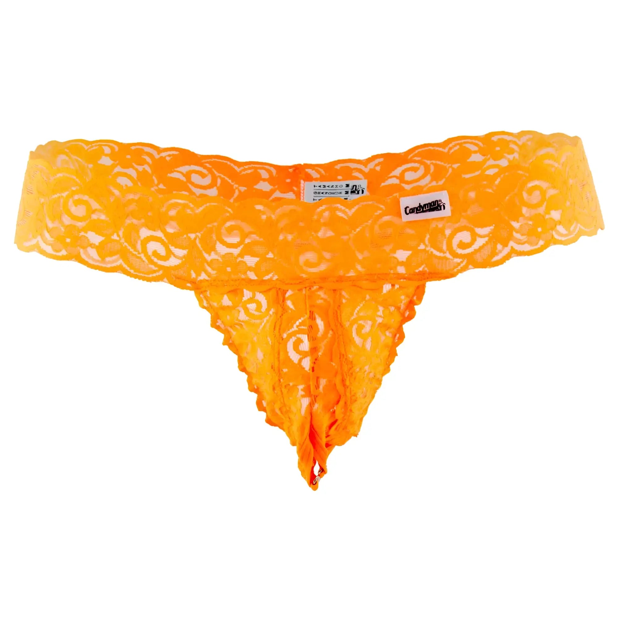 Vibrant hot orange candyMan 99315X peek a boo lace thong with intricate swirling patterns and scalloped edge
