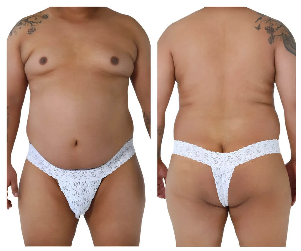 White lace thong with intricate floral pattern from candy man 99315x peek a boo lace thongs collection in white