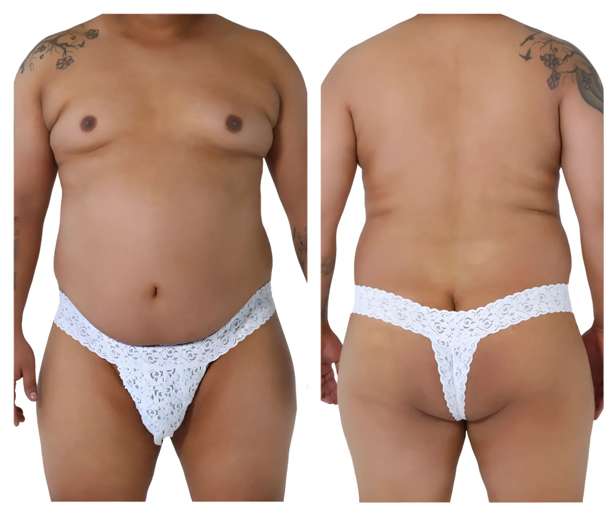 White lace thong with intricate floral pattern from candy man 99315x peek a boo lace thongs collection in white