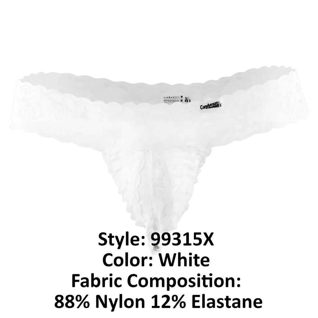 White lace CandyMan 99315X peek a boo thong with scalloped edge and delicate ruffled texture front view