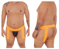 Bright orange lace-trimmed mens thong with black central panel candyMan 99369X thongs color hot orange