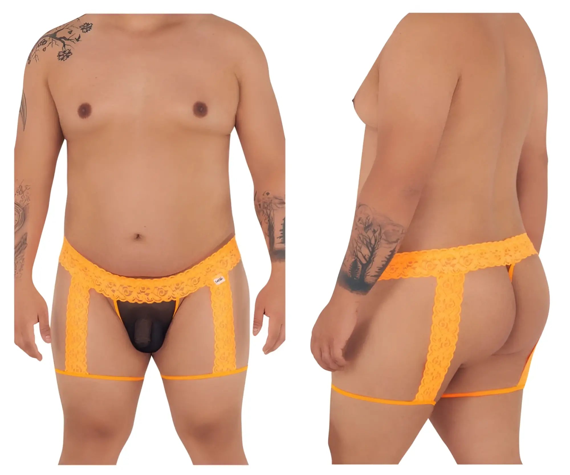 Bright orange lace-trimmed mens thong with black central panel candyMan 99369X thongs color hot orange