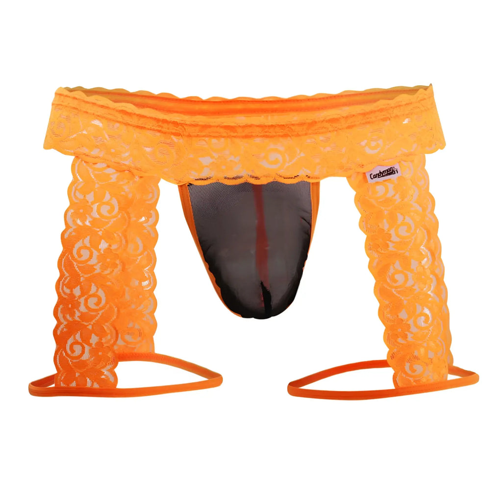 Orange lace thong with black mesh interior and elastic leg straps from candyman 99369x collection in hot orange