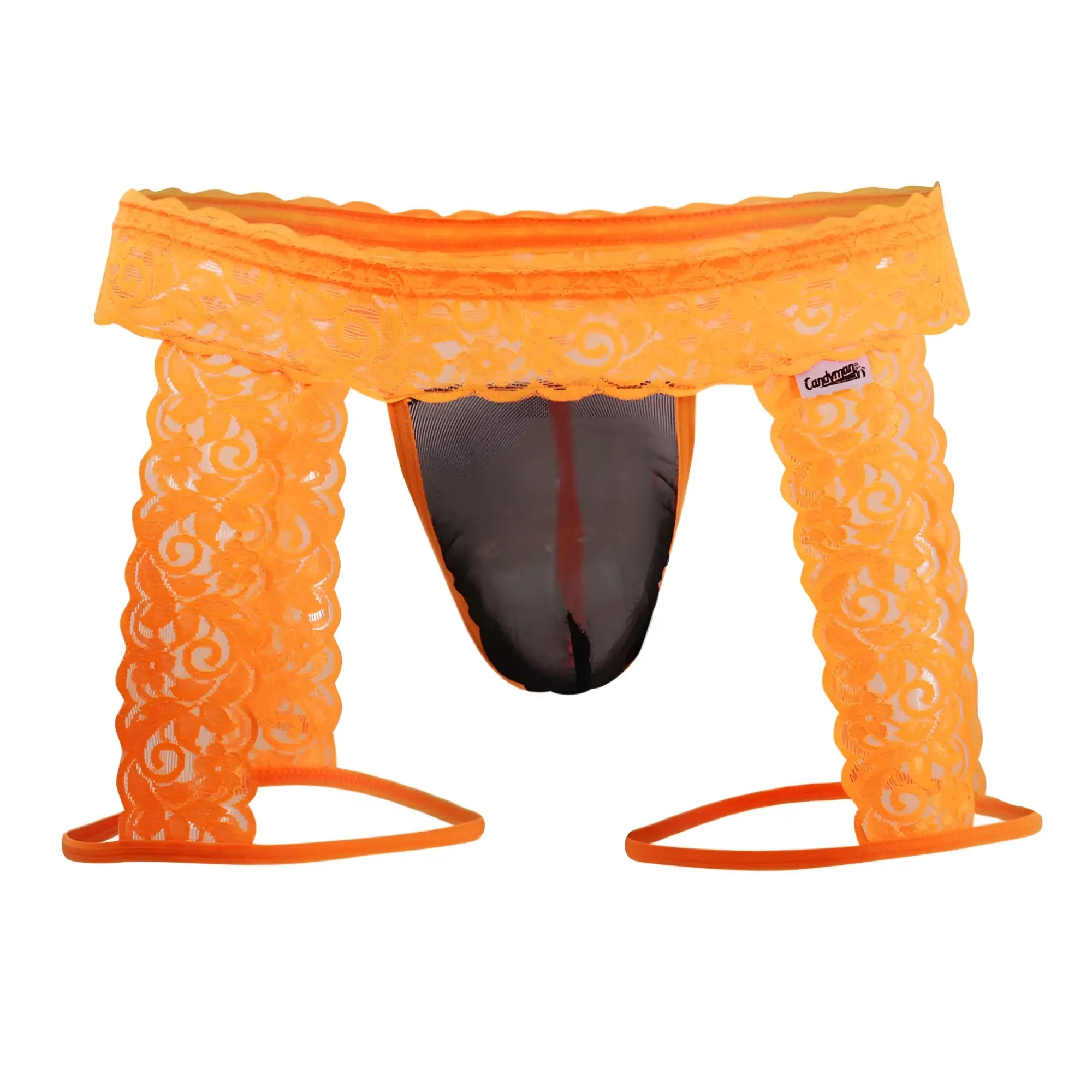 Orange lace thong with black mesh interior and elastic leg straps from candyman 99369x collection in hot orange
