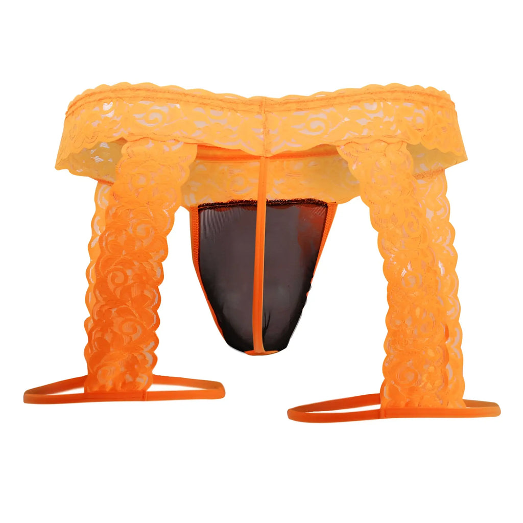 Orange lace thong with black mesh panel and matching straps from Candyman 99369X in hot orange color