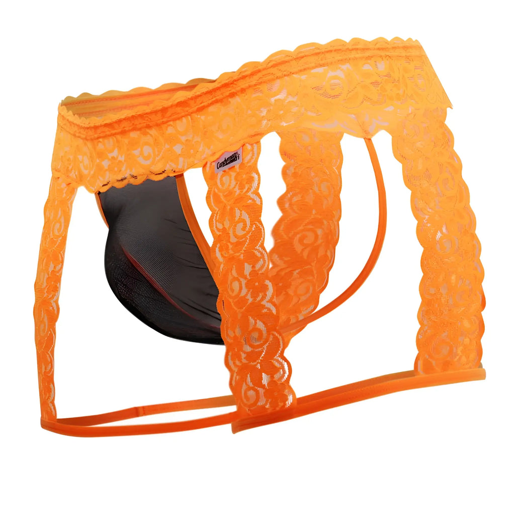 Orange lace-trimmed candyMan 99369X men’s briefs with black mesh interior and elastic waistband in hot orange