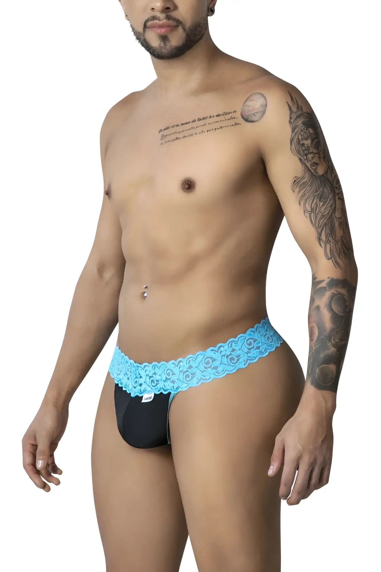 CandyMan 99370 lace thongs black briefs with blue floral patterned lace-trimmed waistband front view
