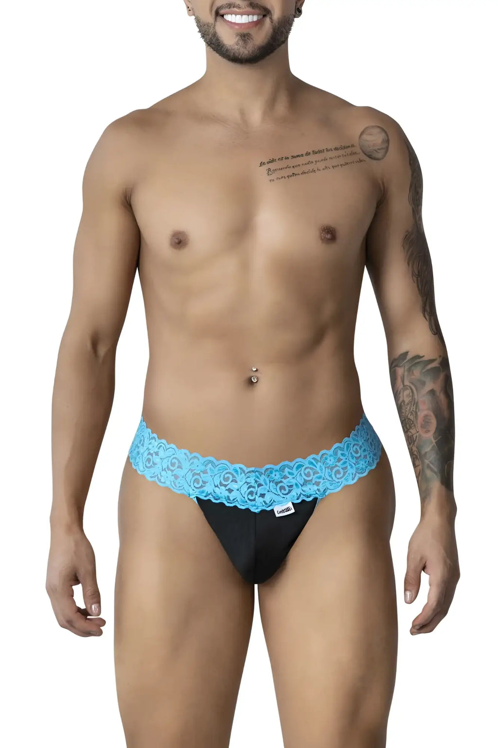 Black CandyMan 99370 briefs with vibrant blue lace trim highlighting the front design