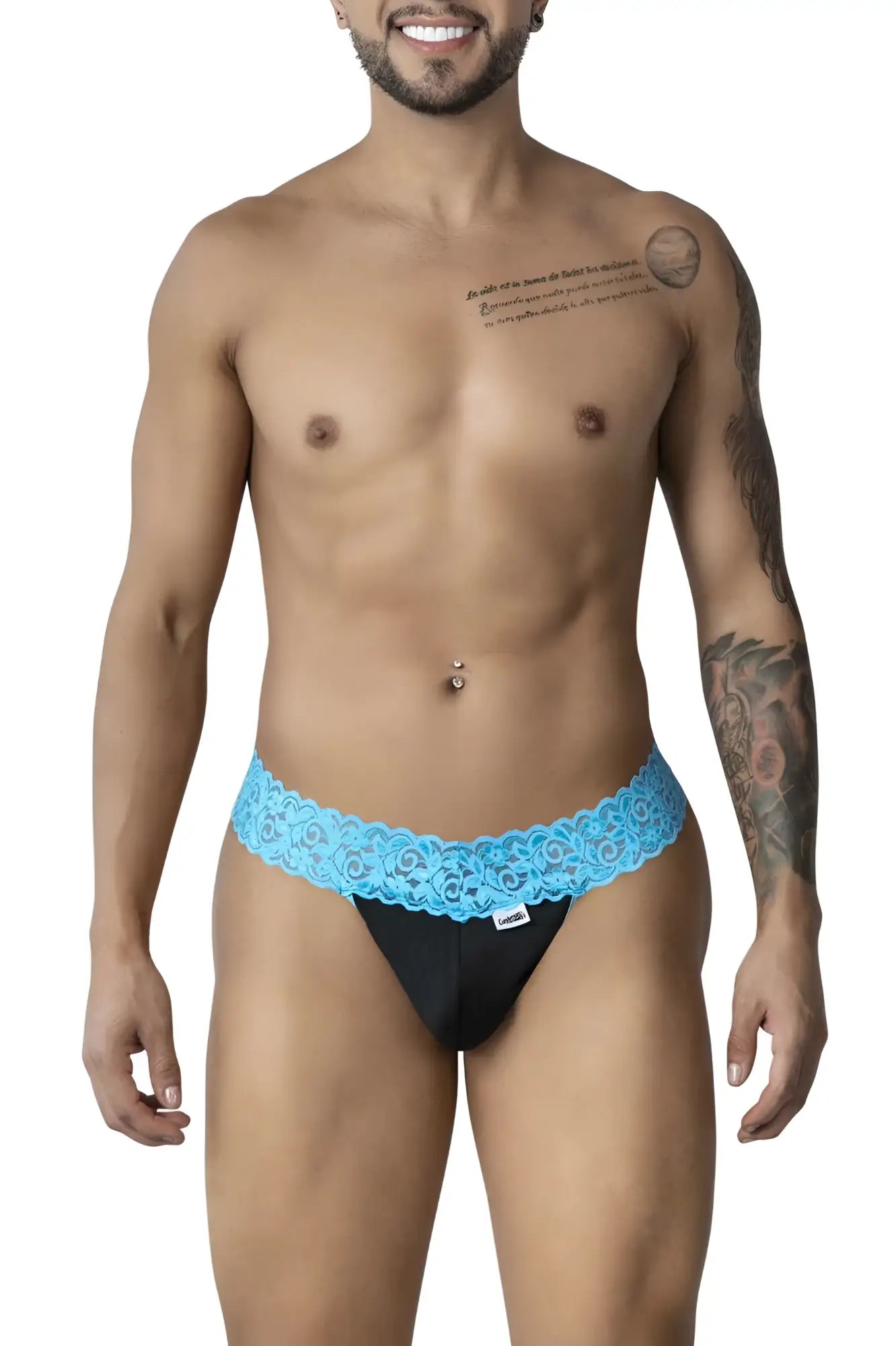Black CandyMan 99370 briefs with vibrant blue lace trim highlighting the front design