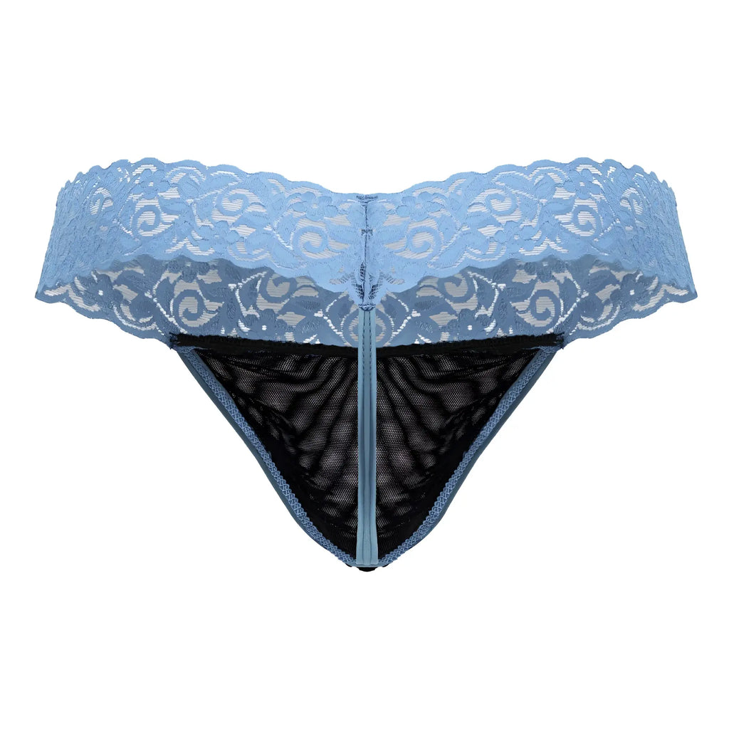 Light blue candyMan 99370 lace thong with black mesh interior and central zipper detail