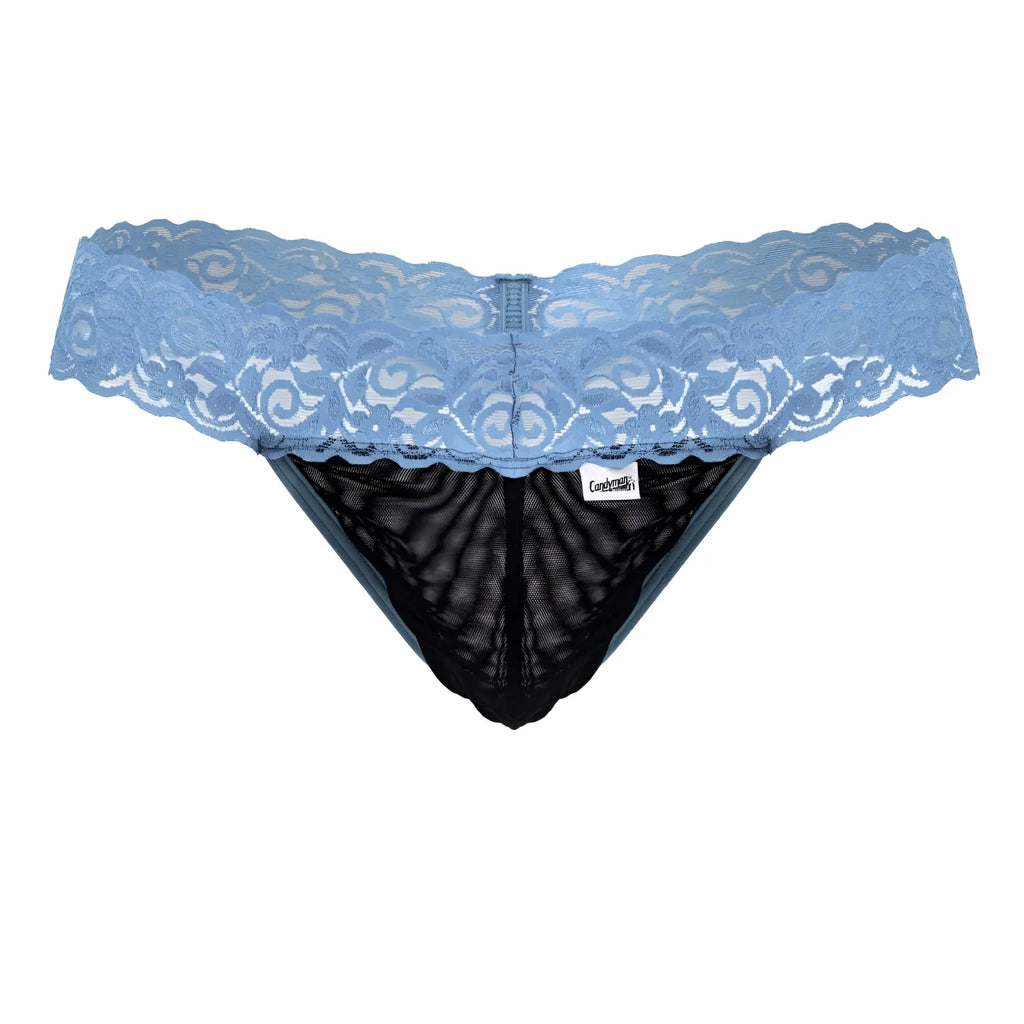 Light blue lace-trimmed thong with black mesh interior from candyman 99370 lace thongs collection