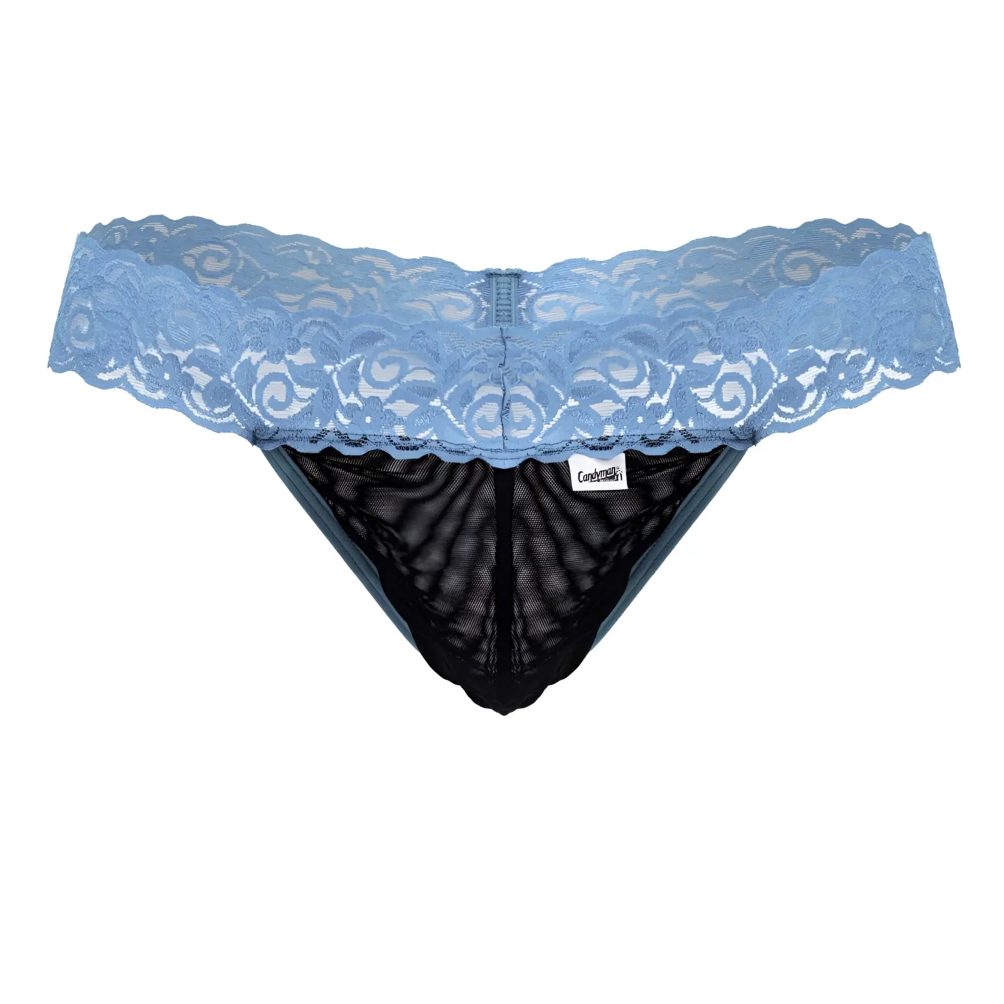 Light blue lace-trimmed thong with black mesh interior from candyman 99370 lace thongs collection
