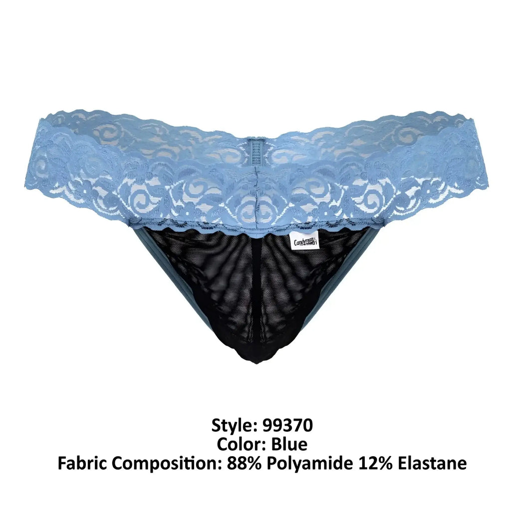 Blue lace-trimmed thong with black mesh interior from Candyman 99370 in blue showing front view