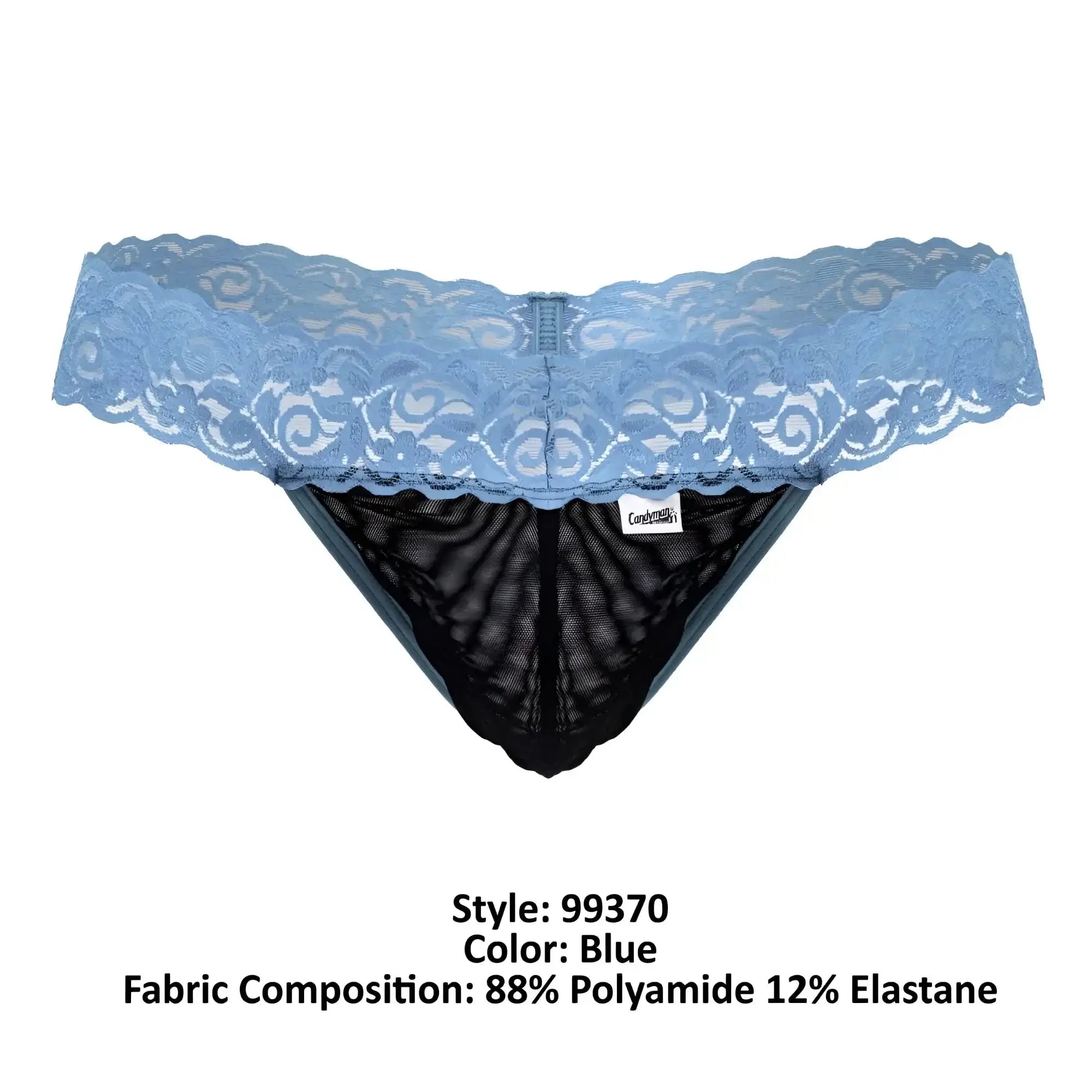Blue lace-trimmed thong with black mesh interior from Candyman 99370 in blue showing front view