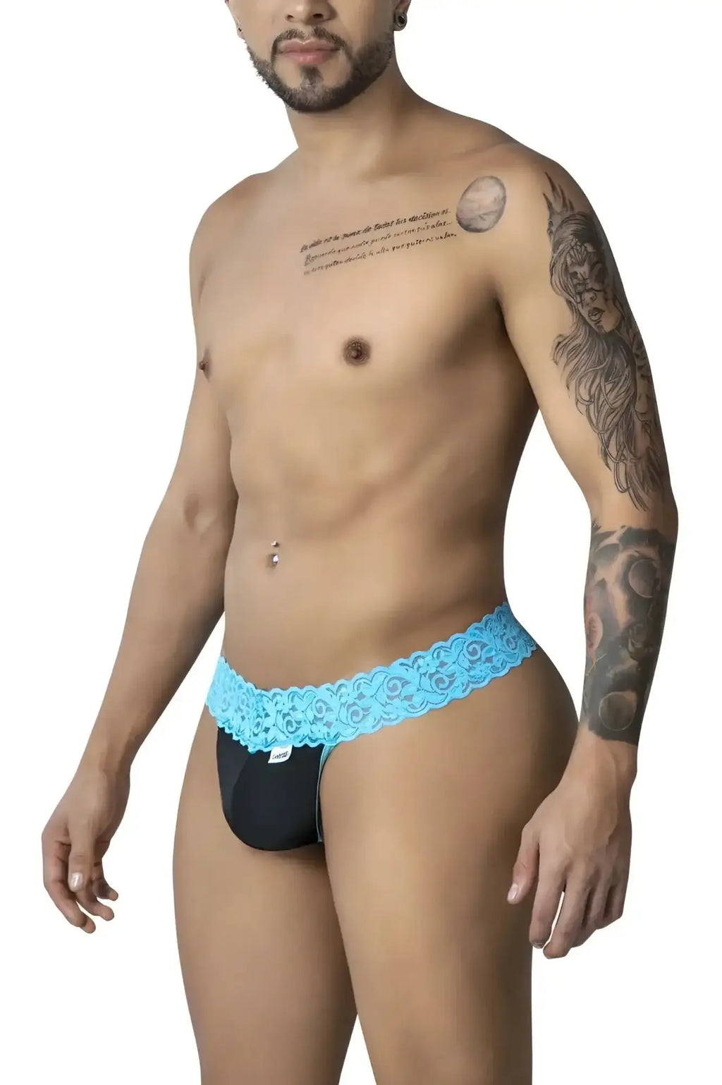 CandyMan 99370 lace thongs black briefs with blue floral patterned lace-trimmed waistband front view