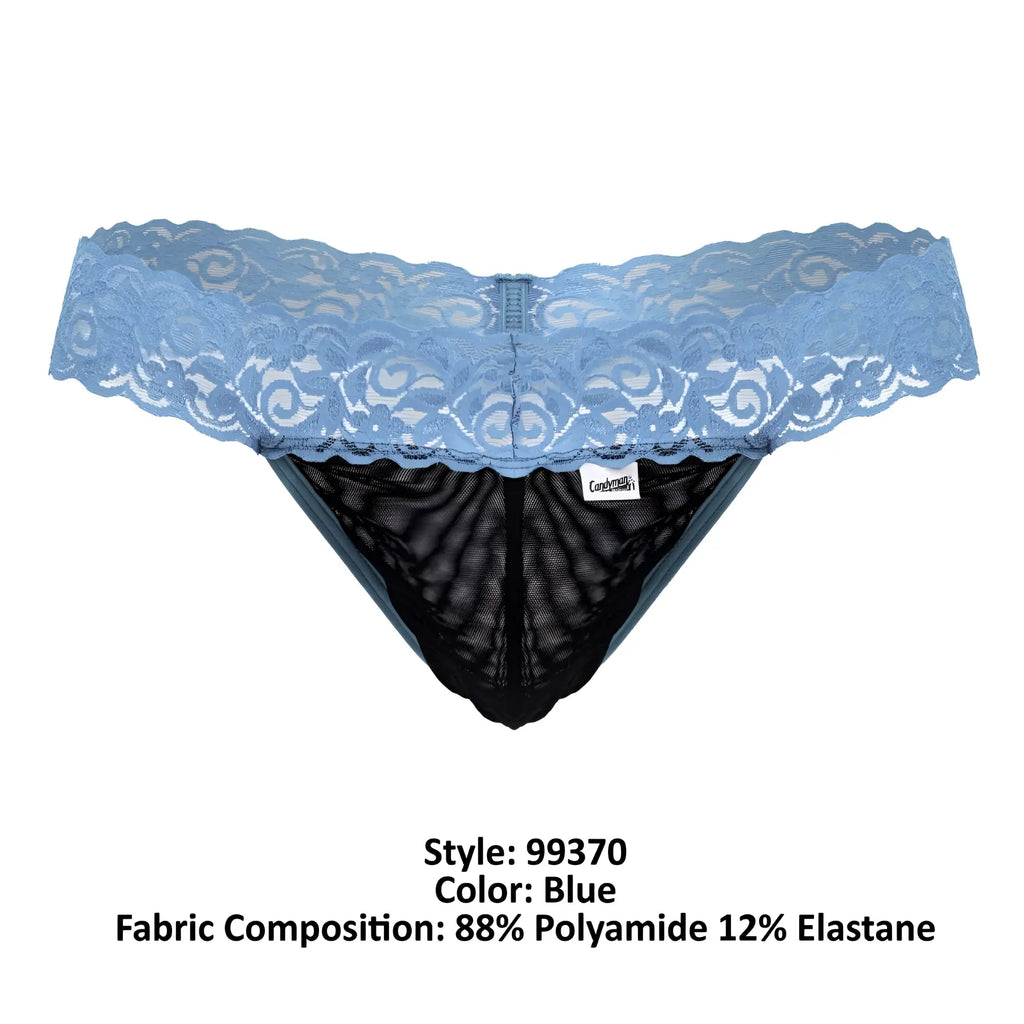 Blue lace-trimmed thong with black mesh interior from Candyman 99370 in blue showing front view