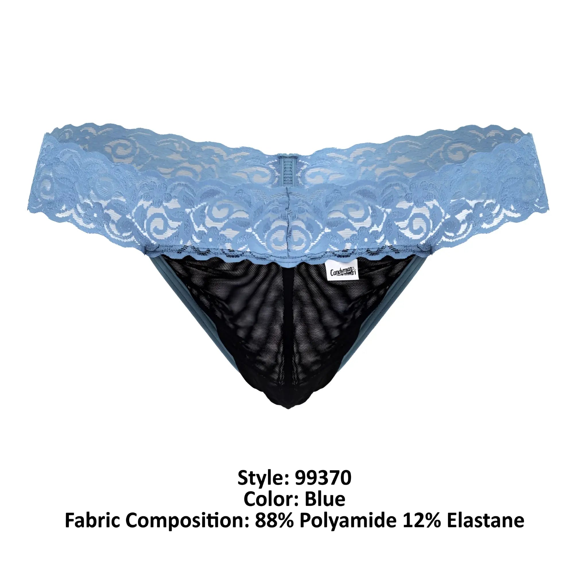 Blue lace-trimmed thong with black mesh interior from Candyman 99370 in blue showing front view