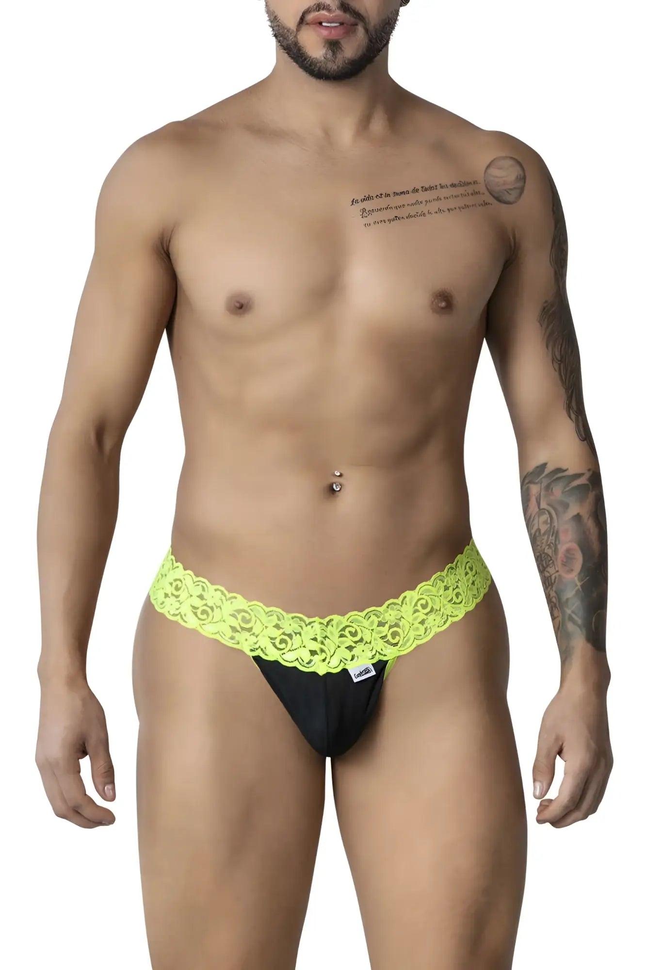 Black lace-trimmed brief with neon green band from CandyMan 99370 lace thongs hot green collection front view