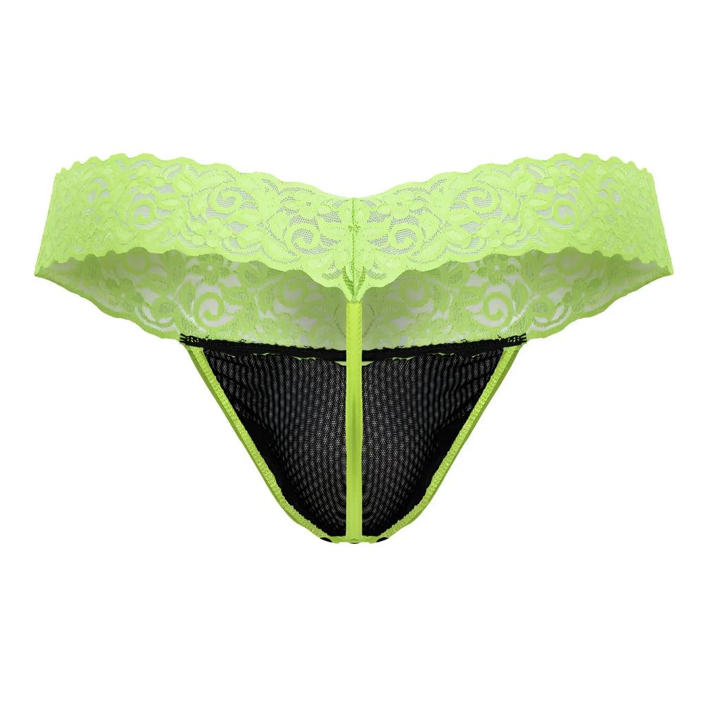 Lime green lace thong with black mesh panel and central zipper candyMan 99370 lace thongs color hot green