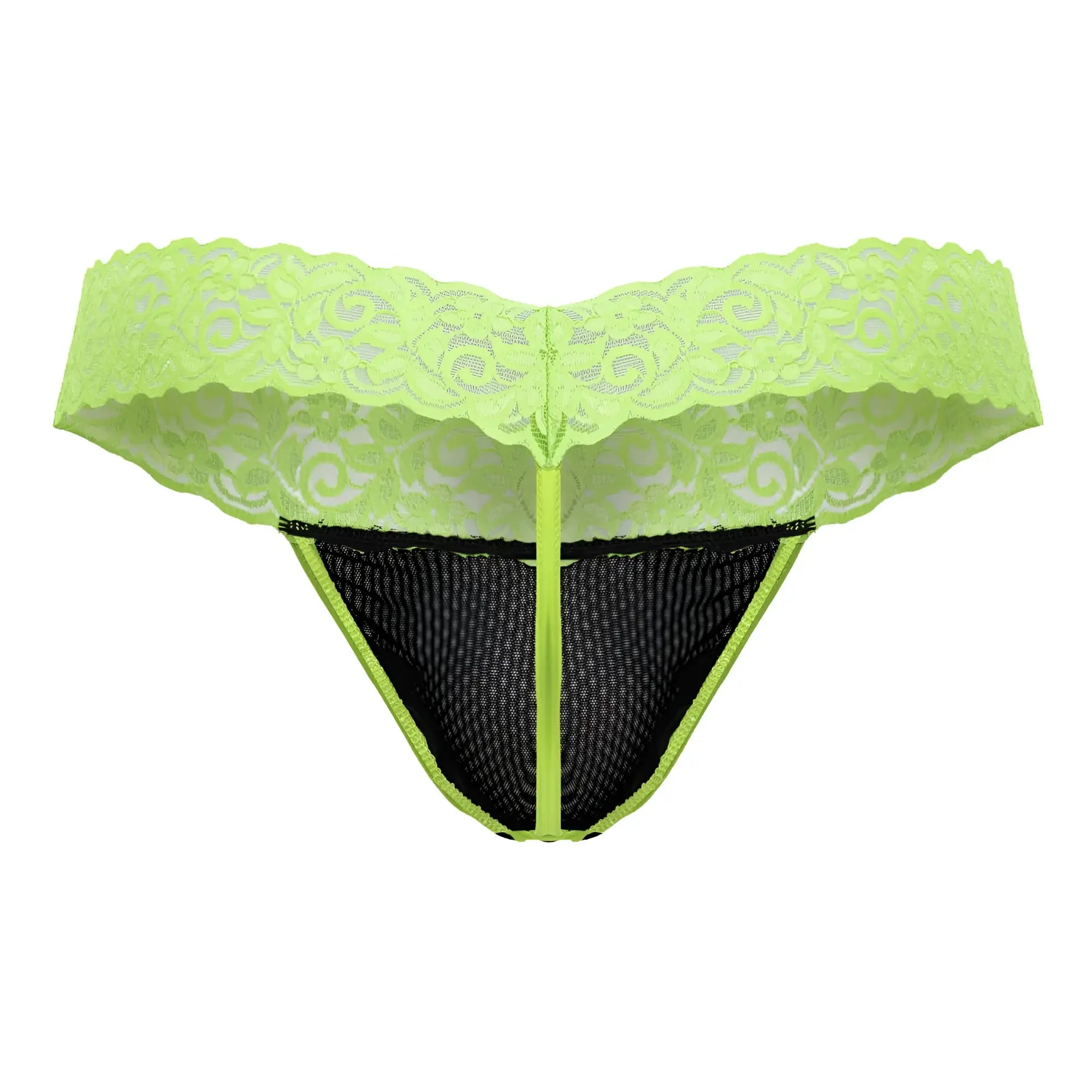 Lime green lace thong with black mesh panel and central zipper candyMan 99370 lace thongs color hot green