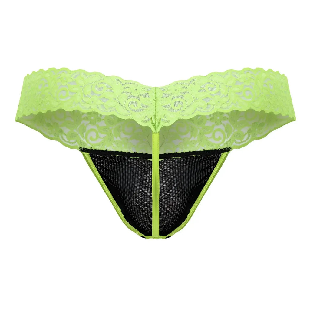 Lime green lace thong with black mesh panel and central zipper candyMan 99370 lace thongs color hot green