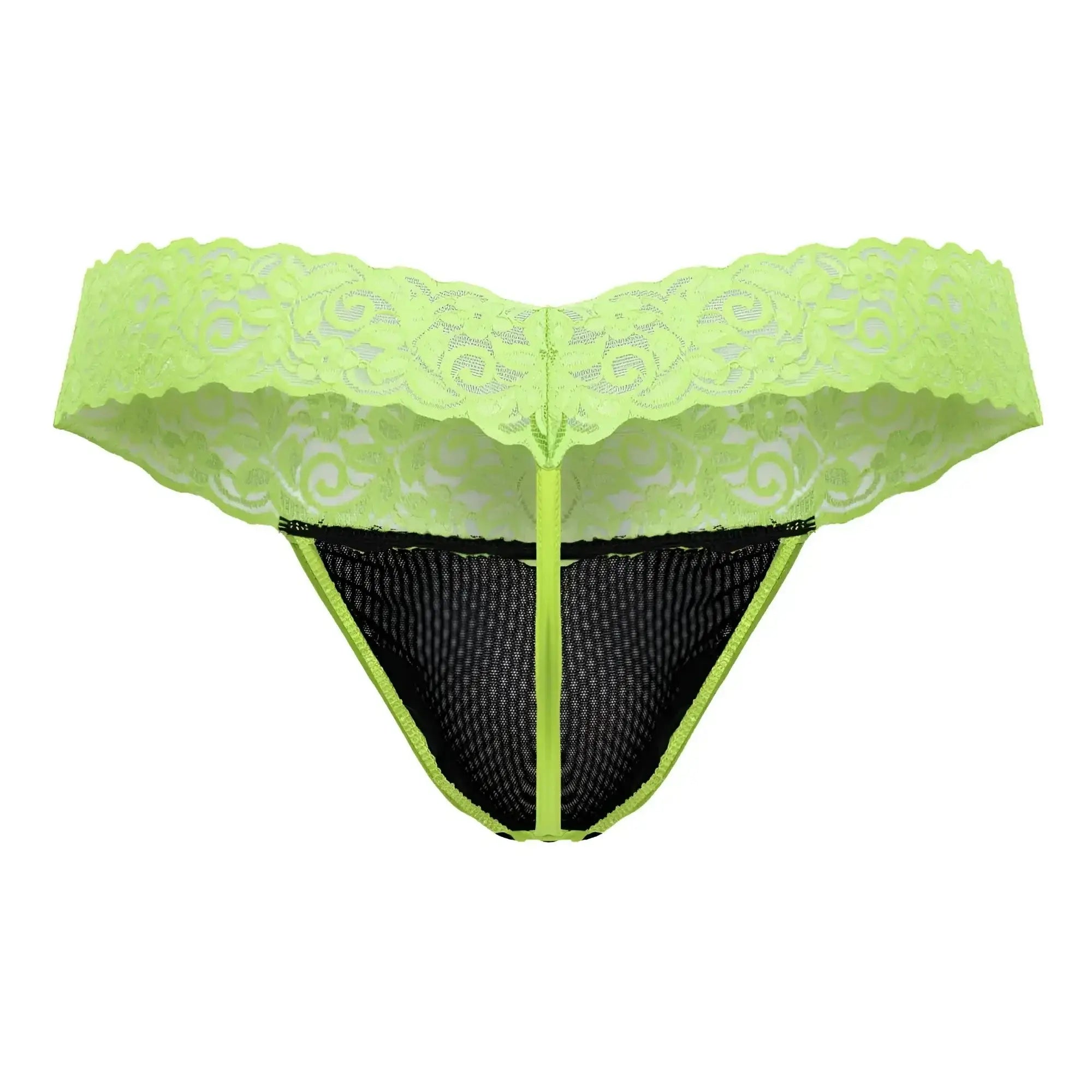 Lime green lace thong with black mesh panel and central zipper candyMan 99370 lace thongs color hot green
