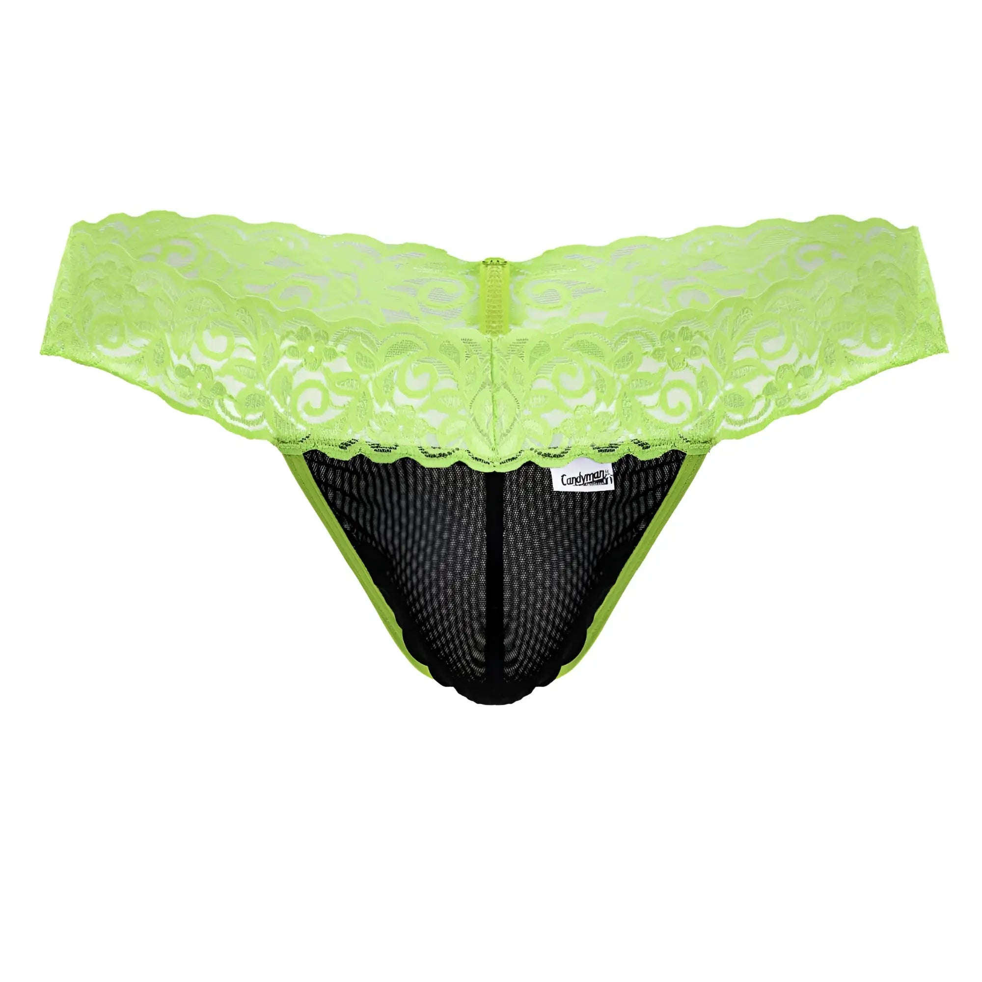 CandyMan 99370 lace thong in hot green lime with black mesh and a central zipper detail