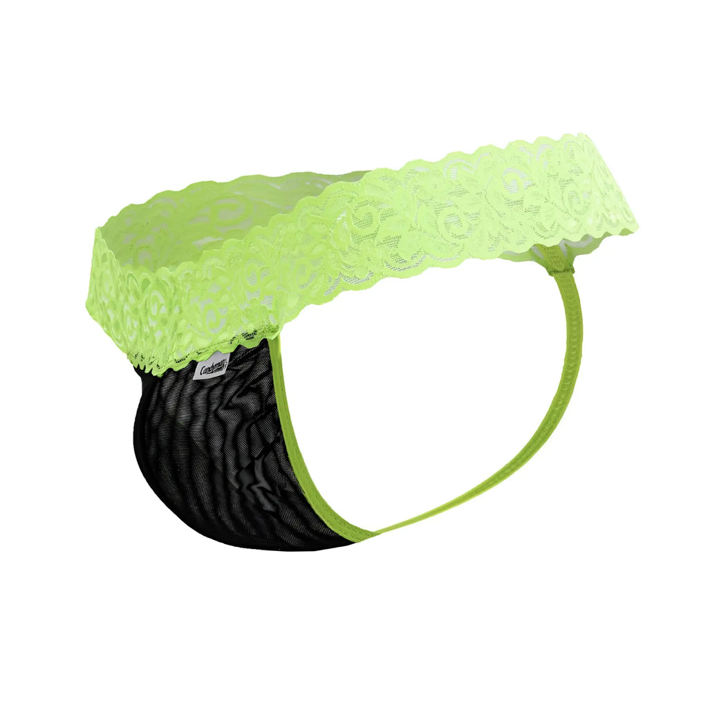 CandyMan 99370 hot green lace thongs featuring lime green lace trim and black mesh fabric front view