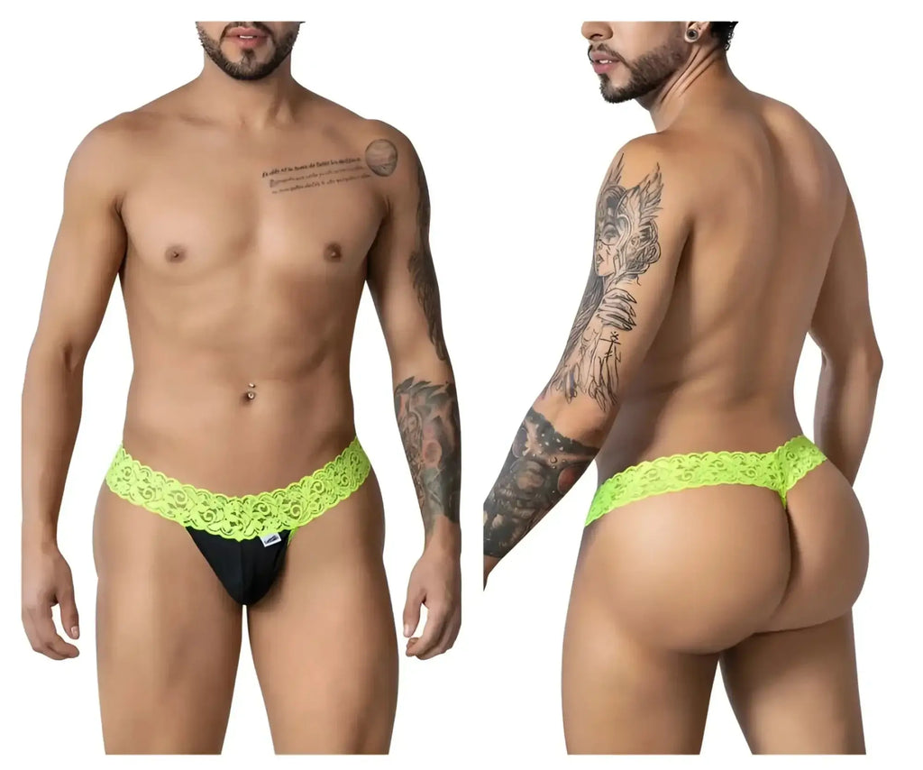 Vibrant neon green lace-trimmed black briefs from candyman 99370 lace thongs hot green collection
