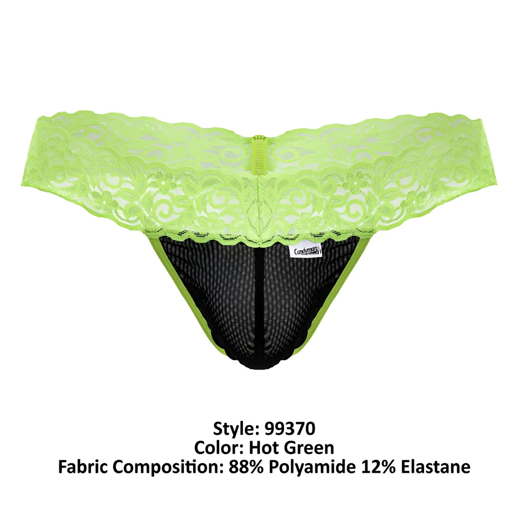 Hot green CandyMan 99370 lace thong with black mesh interior and central zipper detail