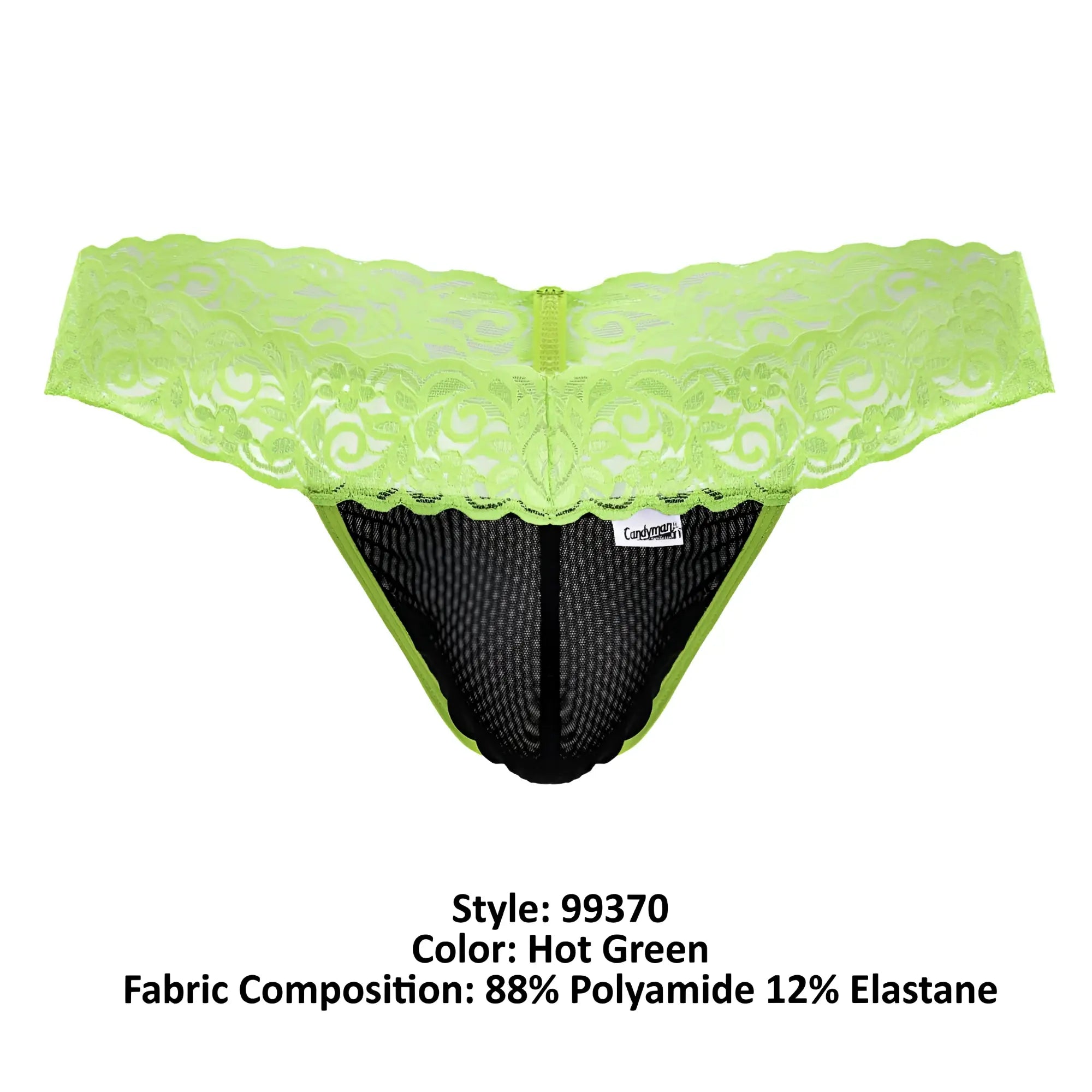 Hot green CandyMan 99370 lace thong with black mesh interior and central zipper detail