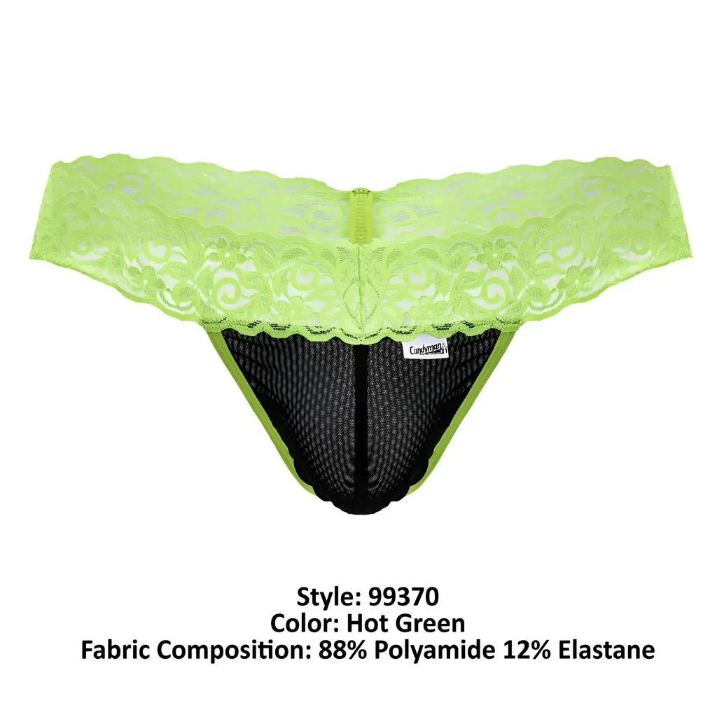 Hot green CandyMan 99370 lace thong with black mesh interior and central zipper detail