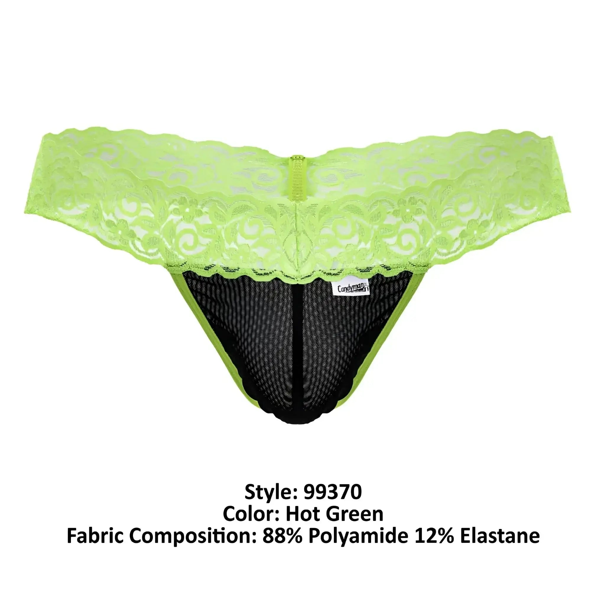 Hot green CandyMan 99370 lace thong with black mesh interior and central zipper detail