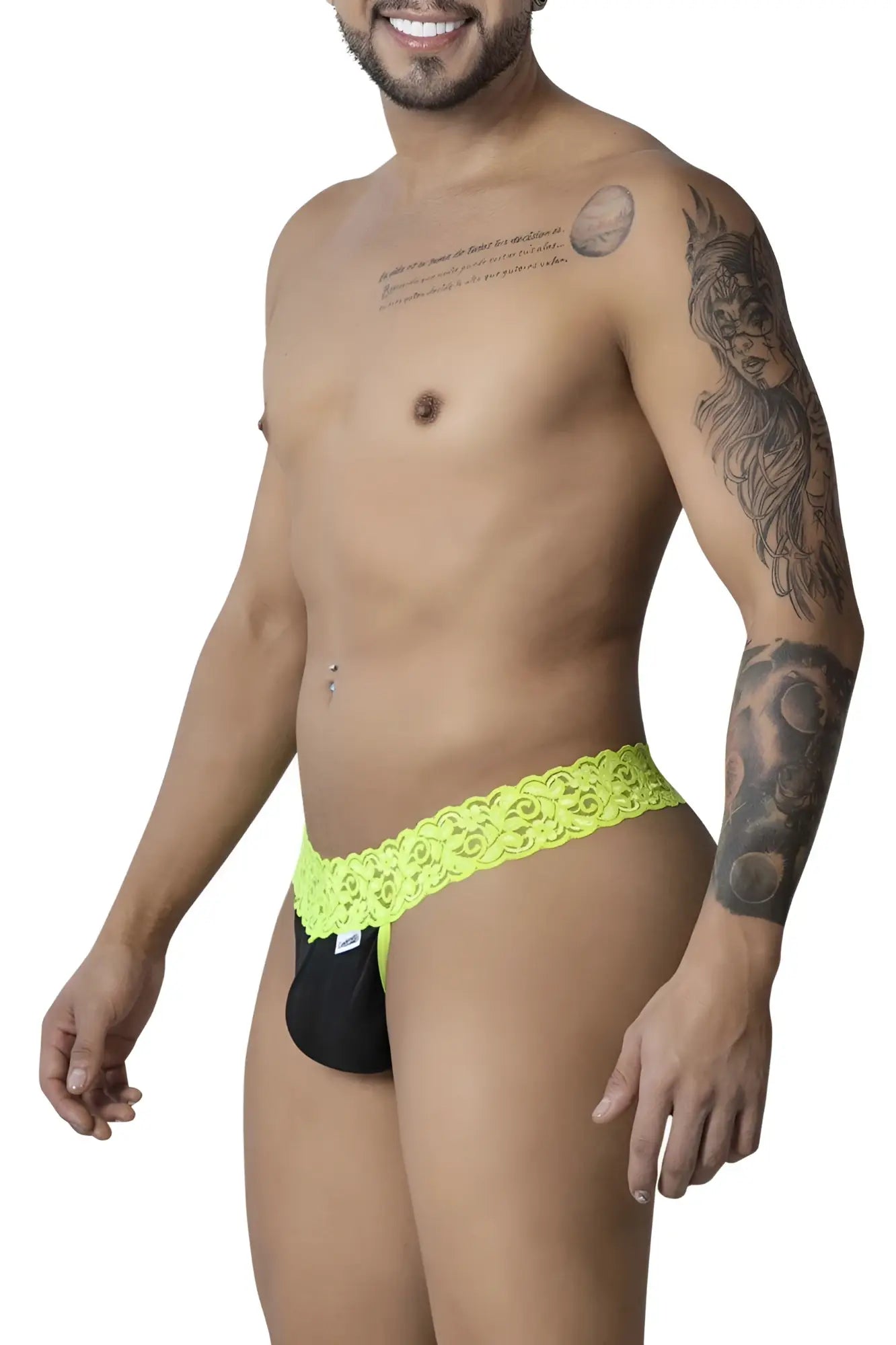 CandyMan 99370 lace thongs in vibrant neon green featuring lace-trimmed black briefs front view