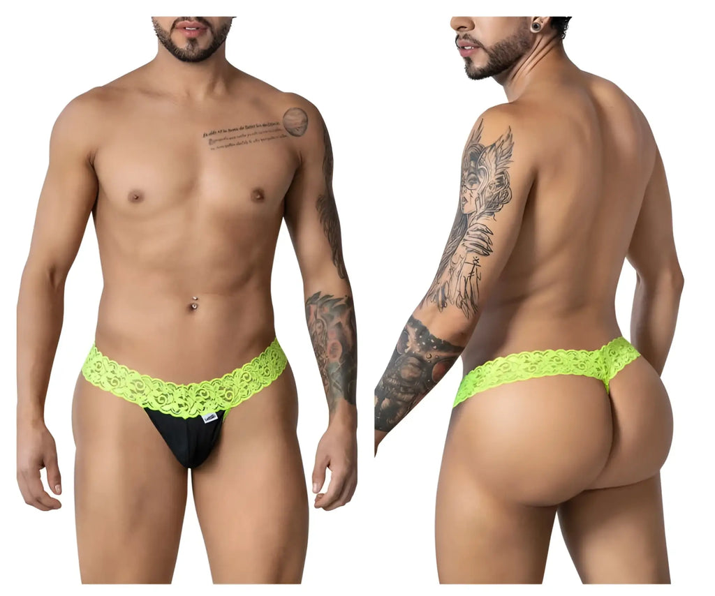 Vibrant neon green lace-trimmed black briefs from candyman 99370 lace thongs hot green collection
