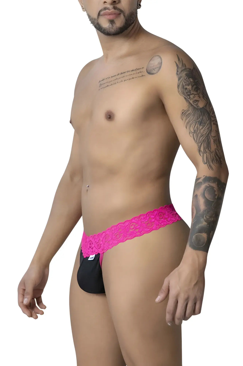 Bright pink lace-trimmed black briefs from candyman 99370 lace thongs in hot pink color