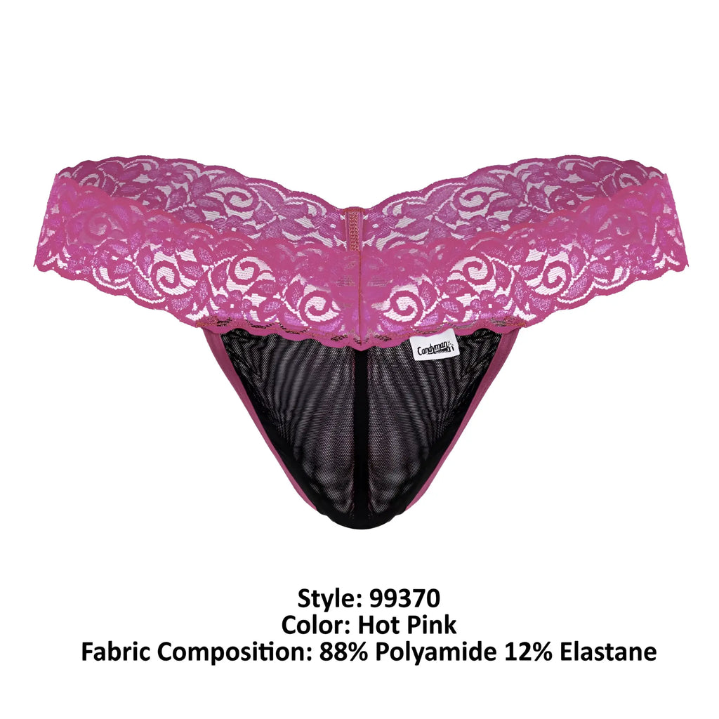 Hot pink CandyMan 99370 lace thong with black mesh interior and central zipper detail