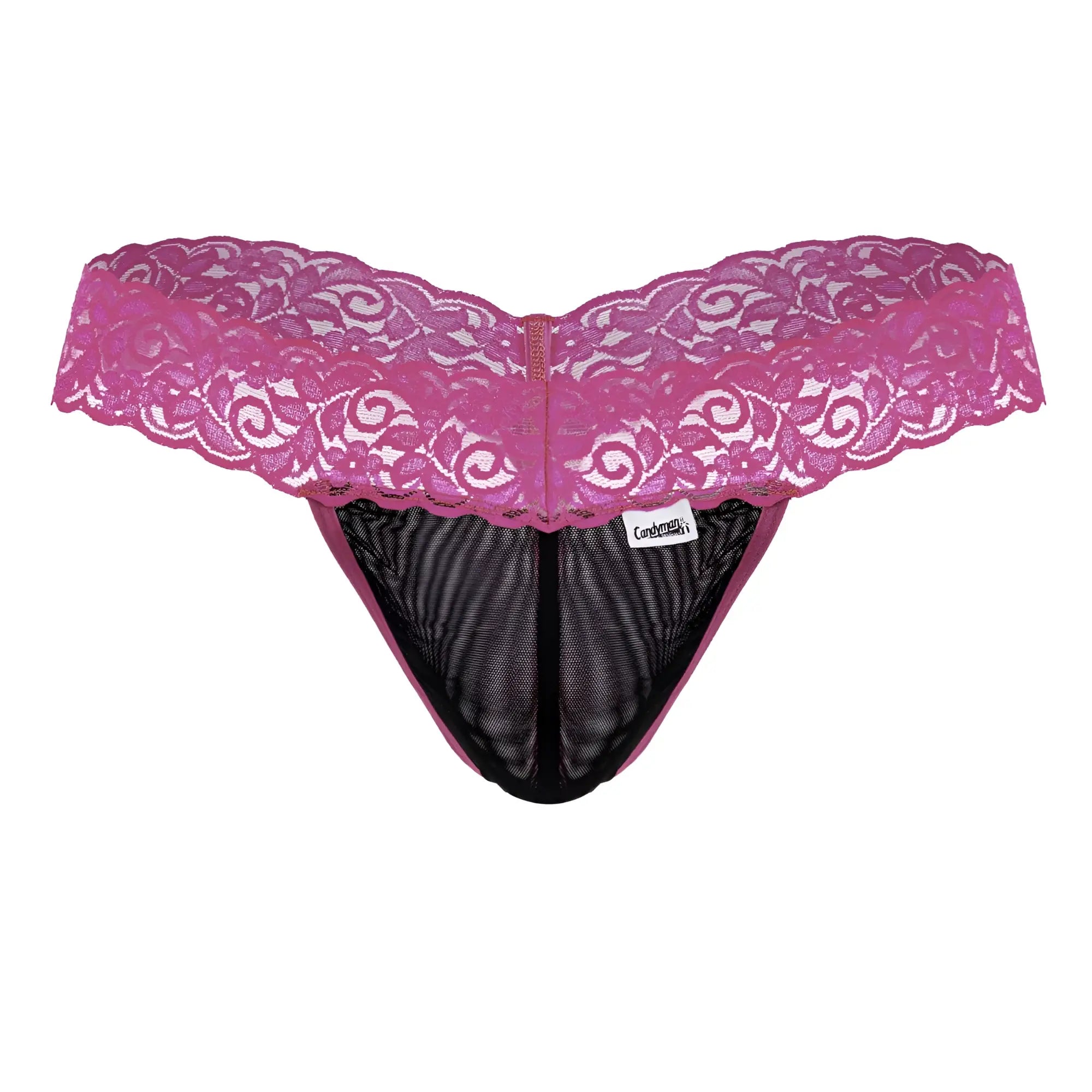 CandyMan 99370 hot pink lace thong with black mesh interior and central zipper for stylish lingerie wear