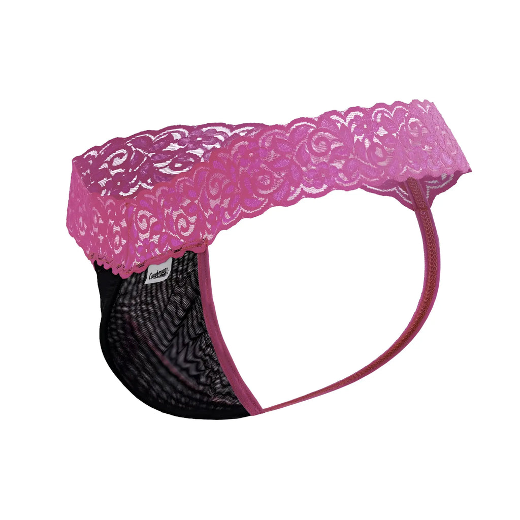 Pink lace-trimmed black mesh thong with branded tag candyMan 99370 lace thongs color hot pink front view
