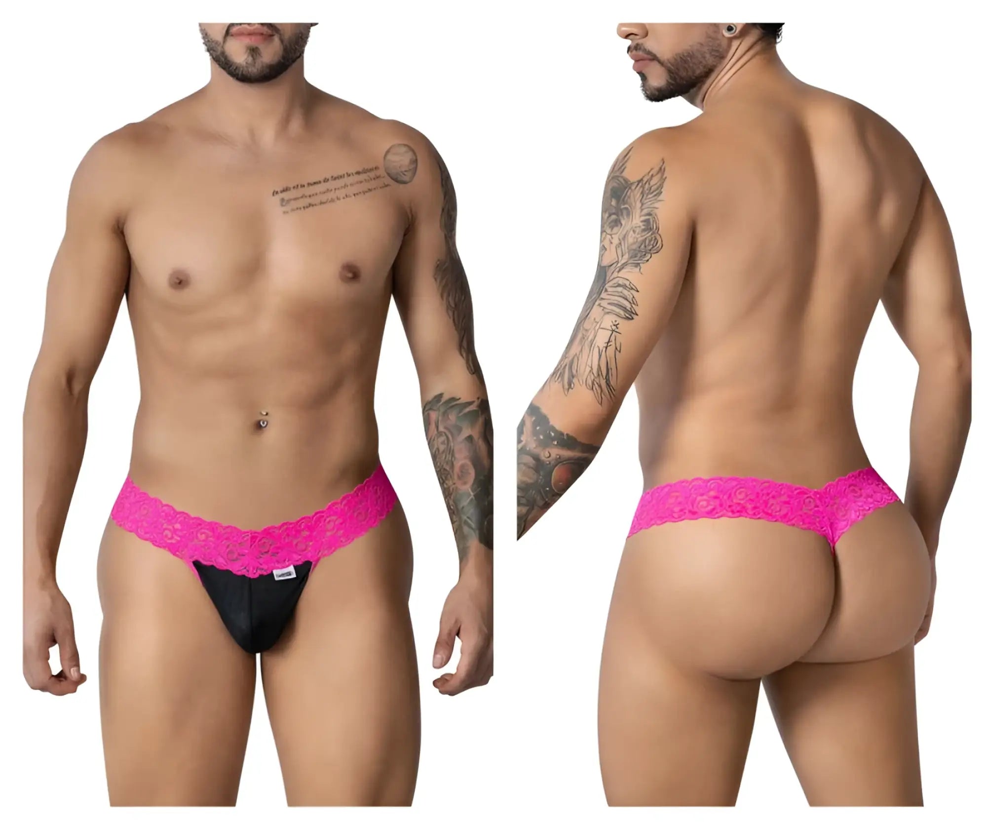 Vibrant pink lace-trimmed black thong CandyMan 99370 with small brand tag on waistband front side view