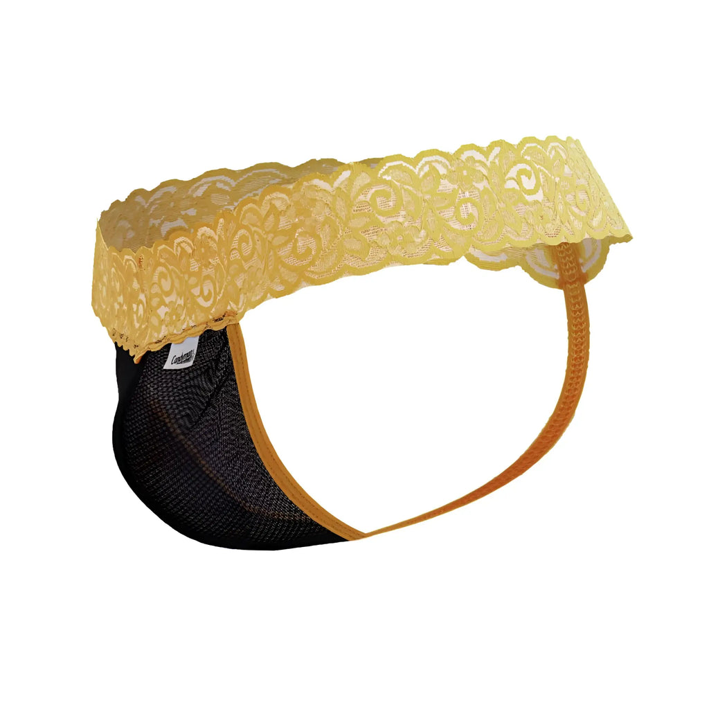 CandyMan 99370 lace thong in black mesh with yellow lace trim and orange elastic straps front view